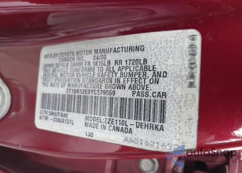 2000 Toyota Corolla Ve from USA, damaged, VIN 2T1BR12E9YC379059